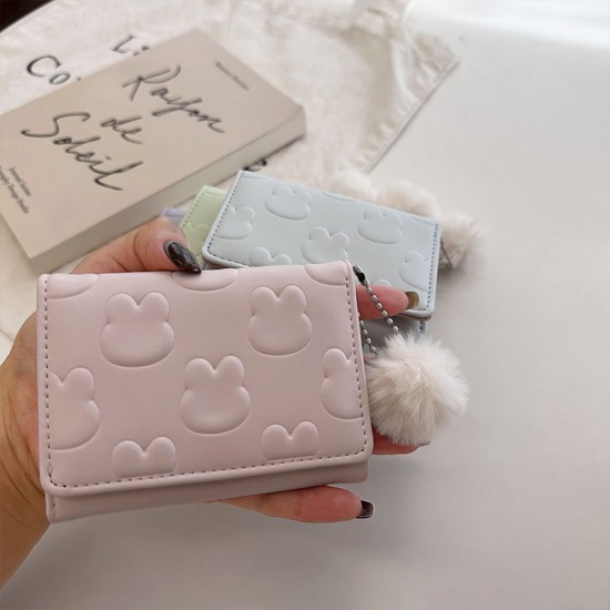 Cute Japanese-style short women's wallet, card holder, embossed plush ball charm, multi-card slot tri-fold bag.