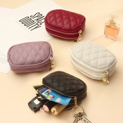 New leather diamond-patterned clutch, mini coin purse, double zippered storage coin purse for women.