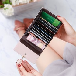 Accordion leaf mini compact card holder for women, simple ultra-thin coin purse with multiple slots and a credit card holder.