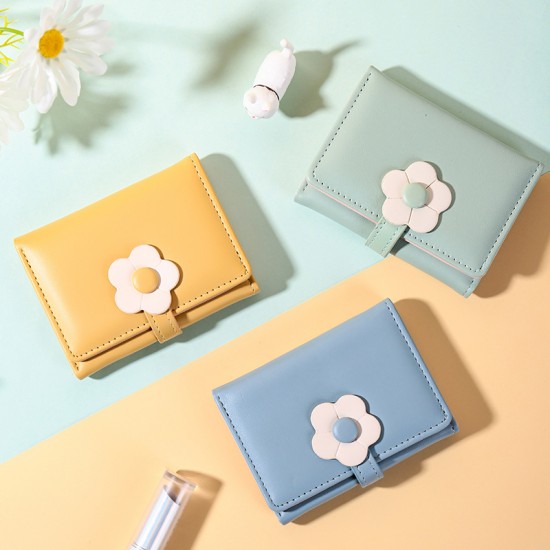 New Korean-style fashion and simple short tri-fold wallet for women Trendy PU wallet with multiple card slots and cute floral designs.