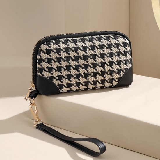 Houndstooth Wrist-Type Waterproof Coin Purse Large-capacity canvas clutch with phone storage, elegant women's wallet