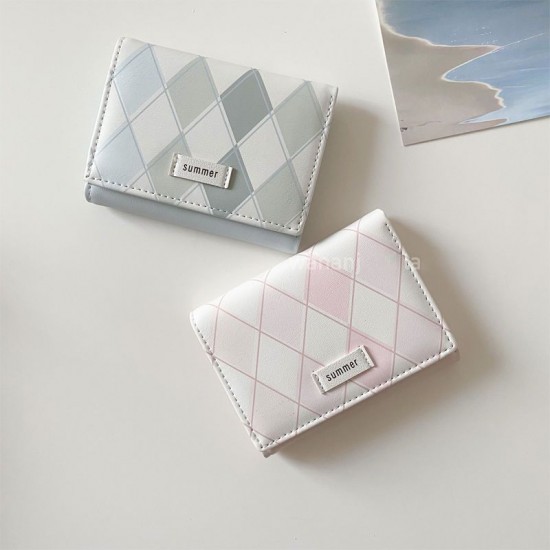 Sea salt blue plaid wallet, new, minimalist, Instagram-style, Korean-style, multifunctional student wallet, coin and card holder