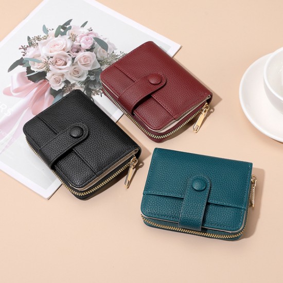 New cross-border zippered coin purse, short wallet, stylish solid color lychee pattern, multi-slot wallet for women.