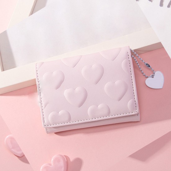 [Heart charm] Korean-style women's small wallet, wholesale, simple heart-embossed PU short coin purse