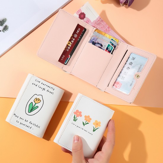 INS ultra-thin short tri-fold wallet for women, with simple prints and a cute sentimental student folding wallet.