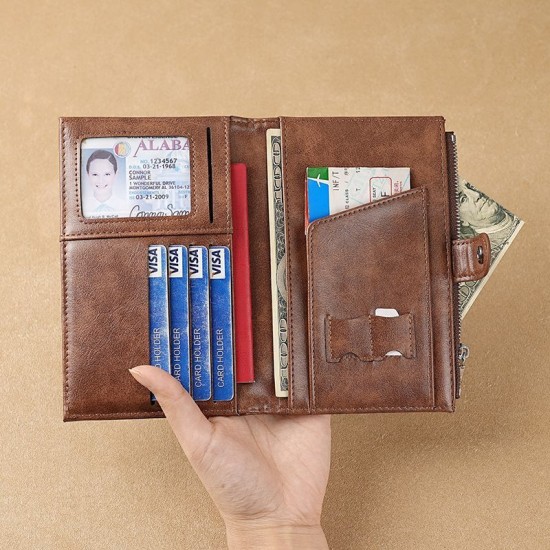 Cross-border sourced waxed leather passport holder, high-end business ID holder, ticket and passport holder, multi-function zipper wallet.