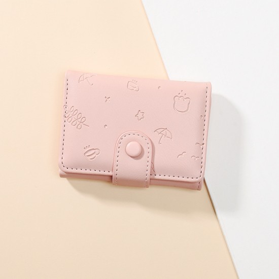 New cute PU wallet for women, short, cartoon print, solid color, fresh card holder, multifunctional trifold card holder