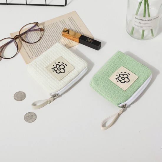 Japanese cute simple waffle pattern lipstick storage bag, compact portable wristlet, summer flower 2024 new model