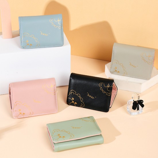 2024 new short folding wallet for women, compact, Korean-style, cute student cartoon bear, thin storage.