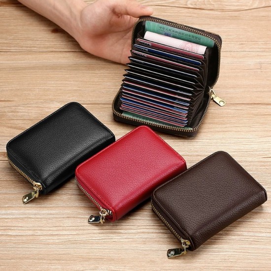 Anti-demagnetic card holder for men and women, zippered, multiple card slots, bank ID holder, large capacity, and compact driver's license holder.
