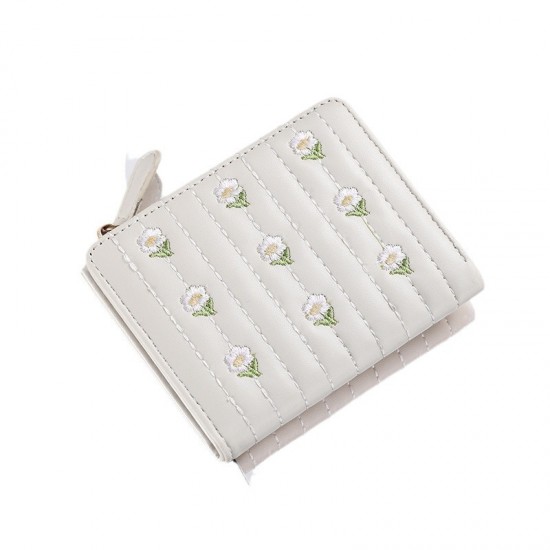 New Instagram cream square Japanese Chanel-style short wallet, women's coin purse, card holder, and stylish bi-fold, cute floral design.