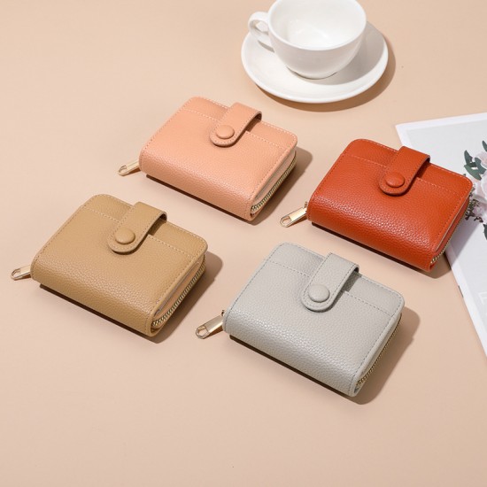 New cross-border zippered coin purse, short wallet, stylish solid color lychee pattern, multi-slot wallet for women.