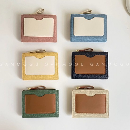 Retro contrasting lychee pattern small wallet for women, short coin and card holder, ins niche student zipper wallet