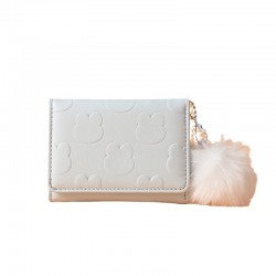 Cute Japanese-style short women's wallet, card holder, embossed plush ball charm, multi-card slot tri-fold bag.