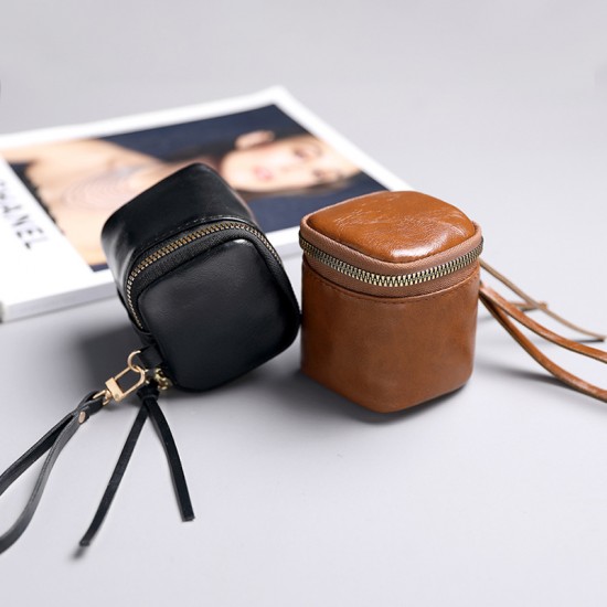 Waxed leather PU leather hand-held key bag, ins retro style, niche lipstick, and coin purse.