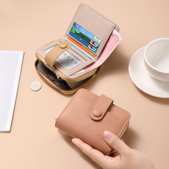 New cross-border zippered coin purse, short wallet, stylish solid color lychee pattern, multi-slot wallet for women.