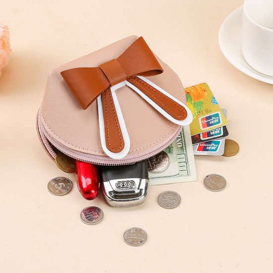 Bow knot PU leather mini wallet, new cute student coin storage bag, keychain, zippered small coin purse