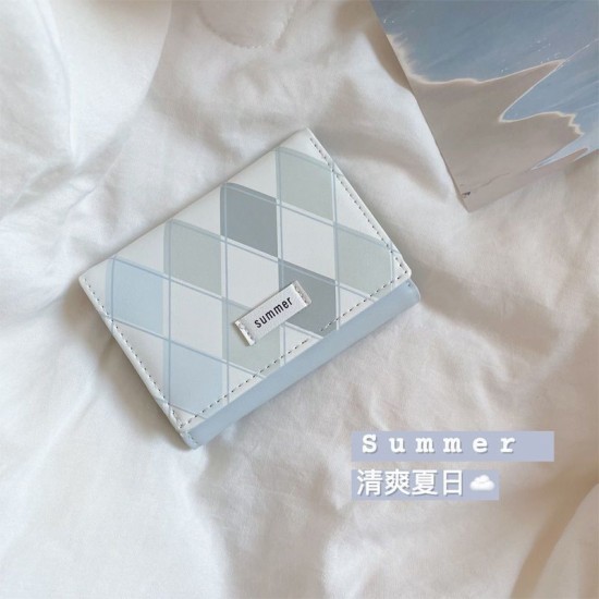 Sea salt blue plaid wallet, new, minimalist, Instagram-style, Korean-style, multifunctional student wallet, coin and card holder