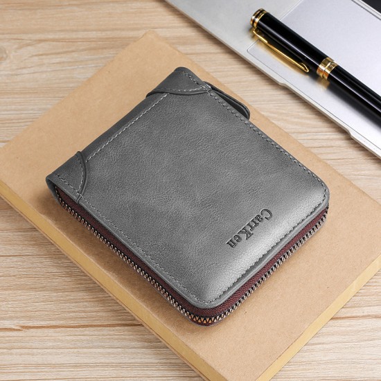Short horizontal men's wallet, retro zippered wallet, three-fold, multi-slot, solid color, driver's license wallet, and card holder