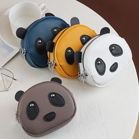 Cute Red Panda Genuine Soft Leather Coin Purse, Double Zipper, First-Grain Soft Leather Coin Purse, Multifunctional Key Bag for Women