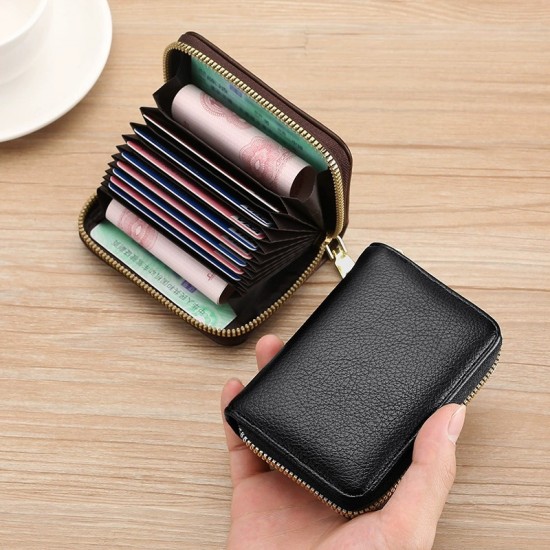 Anti-demagnetic card holder for men and women, zippered, multiple card slots, bank ID holder, large capacity, and compact driver's license holder.