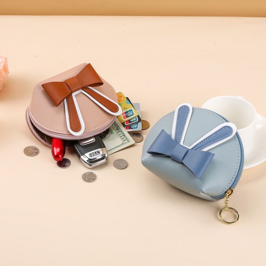 Bow knot PU leather mini wallet, new cute student coin storage bag, keychain, zippered small coin purse