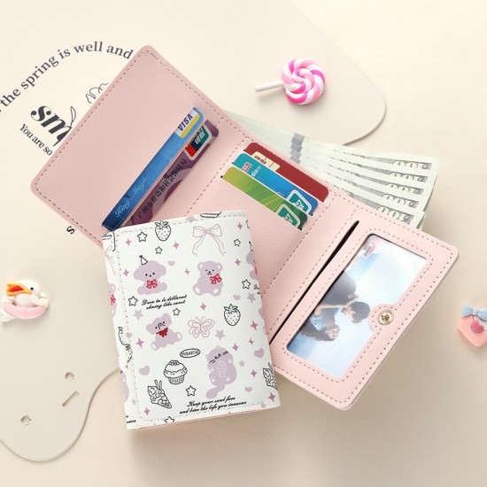 Cute and creative tri-fold wallet, large capacity, multiple card slots, ID bag, coin purse, student multi-function folding wallet for women.