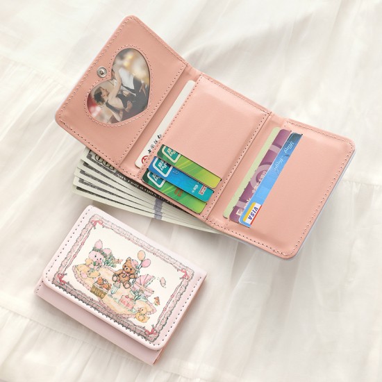 Girl's Dream Spring Picnic series, rabbit and bear wallet, cute, original design, anti-demagnetizing, multiple card slots, snap closure.
