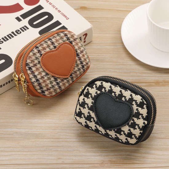 Houndstooth pattern heart-shaped compact coin purse for women, niche design, exquisite high-end coin and lipstick storage, small wallet and card holder