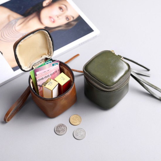 Waxed leather PU leather hand-held key bag, ins retro style, niche lipstick, and coin purse.