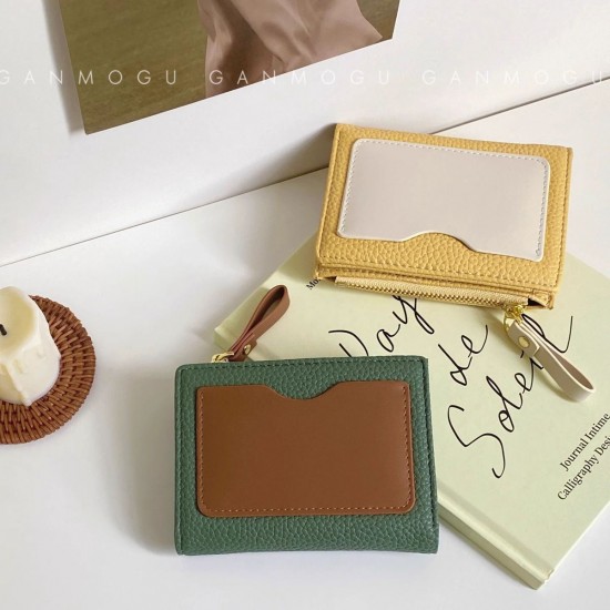 Retro contrasting lychee pattern small wallet for women, short coin and card holder, ins niche student zipper wallet