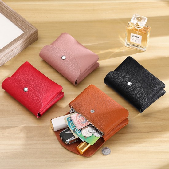 New genuine leather coin purse for women, top-grain cowhide small wallet with card and key storage.