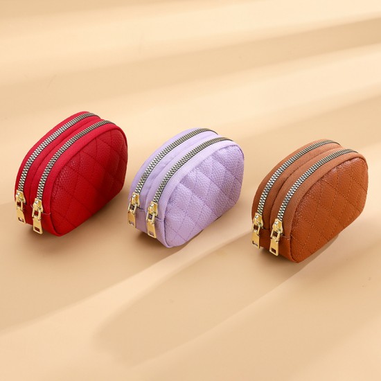 New mini hand-held wallet for women, diamond-stitched double zipper coin and coin purse, PU leather