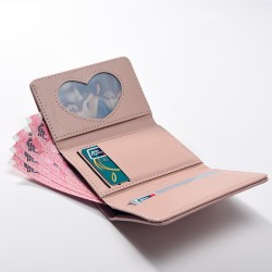 New cute PU wallet fowomen, short, cartoon print, solid color, fresh card holder, multifunctional trifold card holder