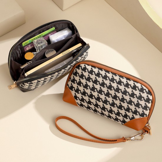 Houndstooth Wrist-Type Waterproof Coin Purse Large-capacity canvas clutch with phone storage, elegant women's wallet