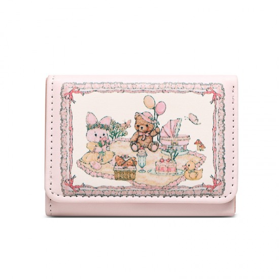 Girl's Dream Spring Picnic series, rabbit and bear wallet, cute, original design, anti-demagnetizing, multiple card slots, snap closure.