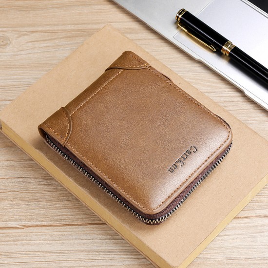 Short horizontal men's wallet, retro zippered wallet, three-fold, multi-slot, solid color, driver's license wallet, and card holder